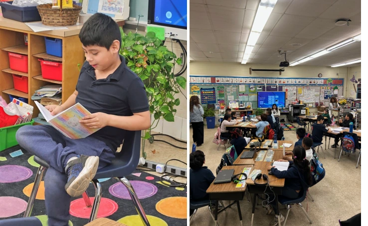 A child reading an original book aloud to classmates during the Children’s Authorship Program.